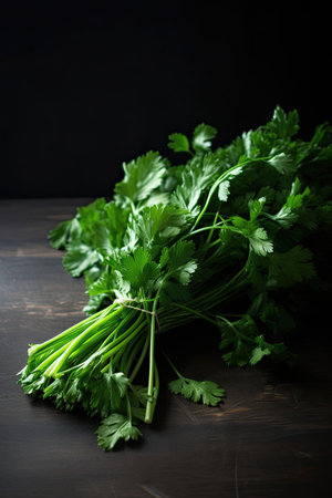 Bunch of fresh parsley on dark wooden background, selective focusの素材