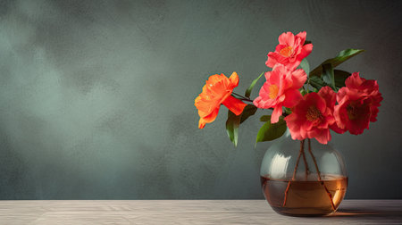 Flowers in a vase on a wooden table with copy spaceの素材