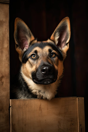 Portrait of a German shepherd dog in a wooden box on a dark backgroundの素材