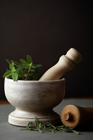 Mortar and pestle with fresh herbs on dark background.の素材