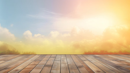 Wooden floor against blue sky with white clouds, 3d renderの素材