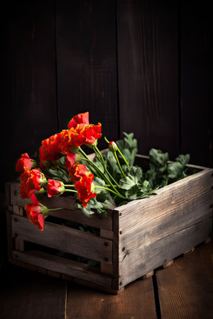 Red tulips in a wooden box on a dark wooden background.の素材