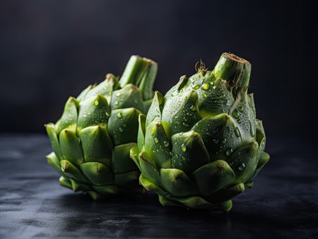 Fresh green artichokes on a black background. Selective focus.の素材
