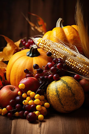 Autumn still life with pumpkins, berries and corn on wooden backgroundの素材