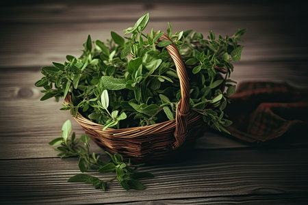 Fresh oregano in a wicker basket on a wooden backgroundの素材