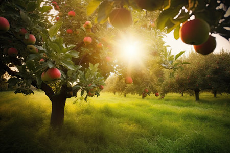 Apple tree in orchard with ripe red apples and green grass at sunset.の素材