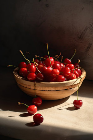 Ripe red cherries in a wooden bowl on a light backgroundの素材