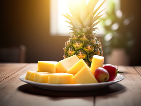 Pineapple and cheese on a wooden table. Selective focus.の素材