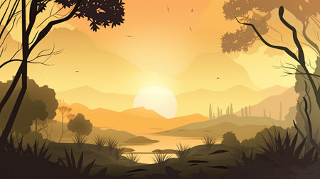 Sunset in the jungle landscape background. Vector illustration in cartoon styleの素材