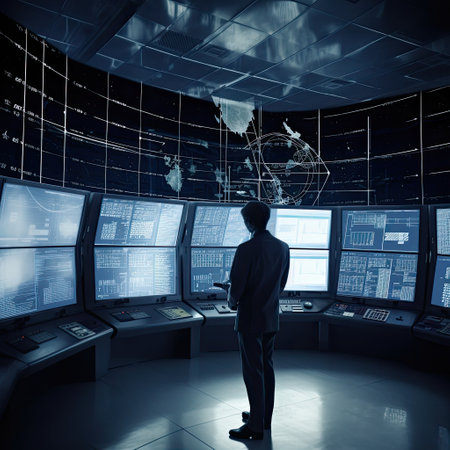 Back view of businessman looking at monitor with world map on the wallの素材