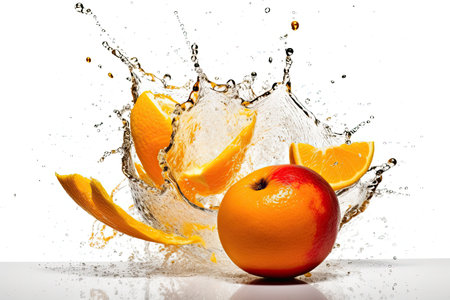 Fruit splashing out of a glass on a white background.の素材