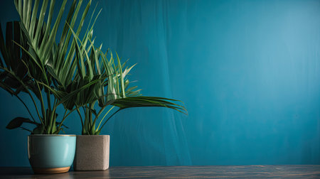 Indoor plant in pot on wooden table and blue wall background.の素材