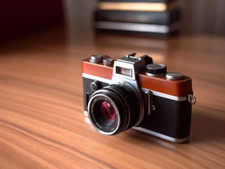 Retro camera on a wooden table. Shallow depth of fieldの素材