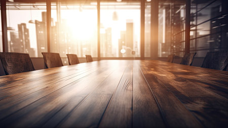 Modern conference room interior with wooden table and city view. Mock up, 3D Renderingの素材