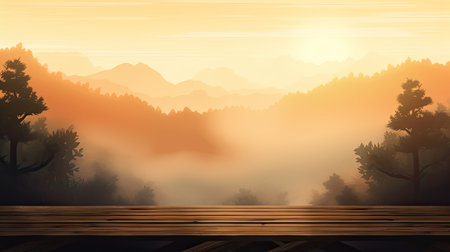 Wooden table against misty mountain landscape in the morning, 3d renderの素材
