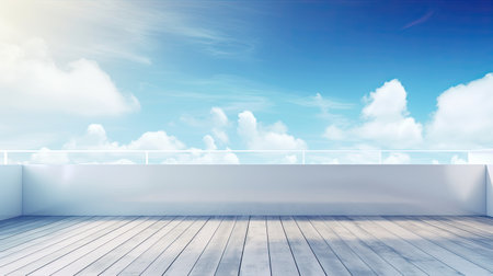 Empty room with wooden floor against blue sky with white clouds 3dの素材