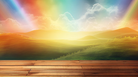 Landscape with wooden floor and rainbow in sky. 3d renderingの素材