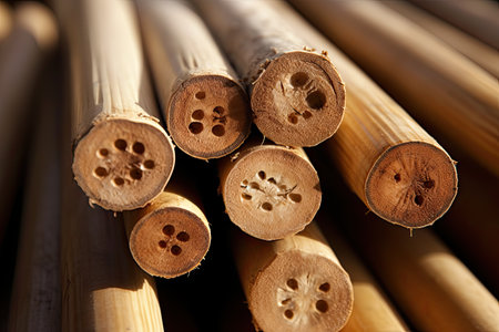 bamboo sticks close-up on a wooden background, macro photoの素材