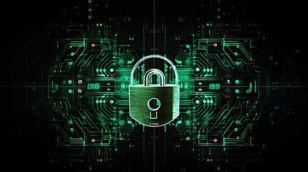 Cyber security and information technology concept. Padlock on circuit boardの素材