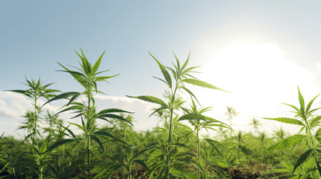 Cannabis plant on the field with sunlight and blue sky backgroundの素材