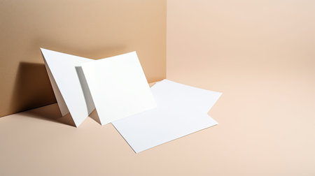 Blank white business cards on beige background. Mockup for branding identity.の素材