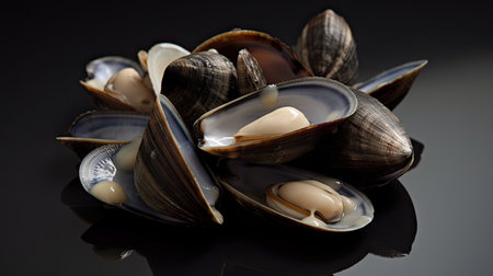 Mussels in shells on a black background, close-up.の素材