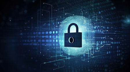 Cybersecurity and data protection concept. 3d rendering double exposureの素材