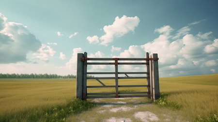 Gate in the field with blue sky and clouds - 3d renderの素材