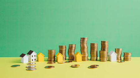 Miniature house and coins stack on green background with copy space.の素材