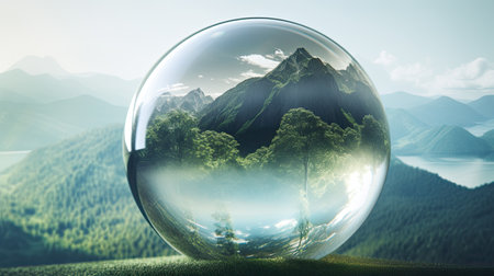 Crystal ball with forest and mountain background. 3d rendering toned imageの素材
