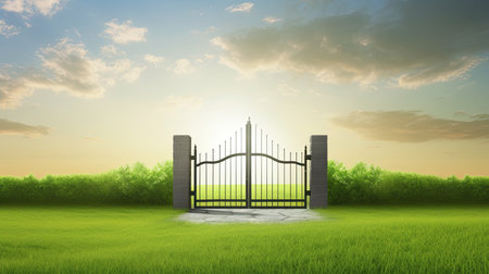 Gate in green grass and blue sky. 3D render illustration.の素材