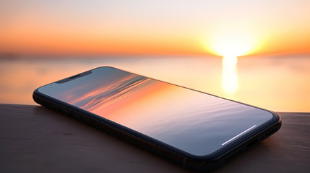 Smartphone on the beach at sunset. Focus on the screen.の素材