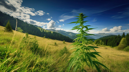 Cannabis leaf on the meadow with mountains in the backgroundの素材