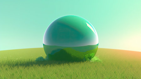 Globe in the grass. 3D render. Green background.の素材