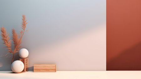 3d render of interior mockup. Minimalistic living room with empty wall, wooden shelf and decorative plant.の素材