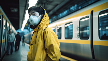 young asian man in yellow raincoat and face mask standing at train stationの素材