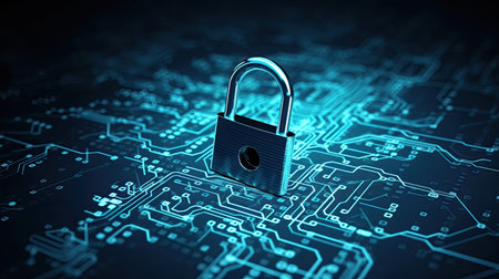 Cyber security concept with circuit board and padlock. 3D Renderingの素材