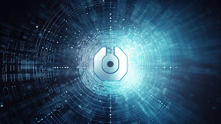 Cyber security theme with padlock on blue background. 3D renderingの素材