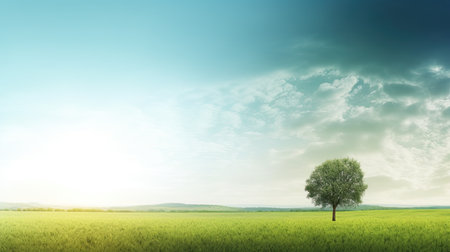 Green grass field and lonely tree on blue sky background. 3d renderingの素材