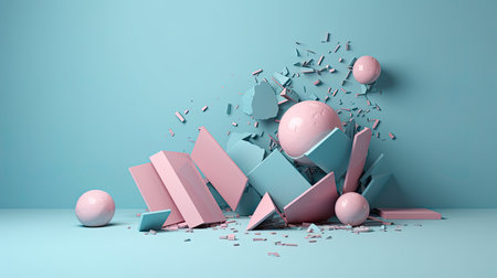 Abstract 3d rendering of geometric composition with pink and blue shapes. Minimal background.の素材