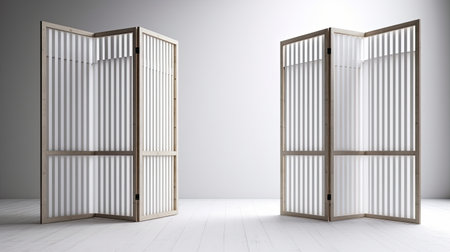 3d rendering of an empty room with two wooden doors and a white wallの素材