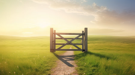 Wooden gate in a meadow at sunset, 3d renderの素材