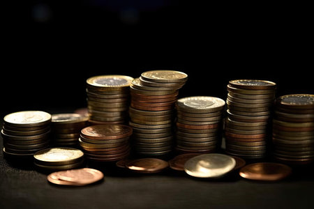 Coins stack on black background, business and finance concept idea.の素材