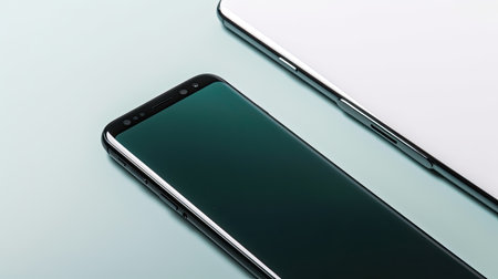 Smartphone with blank screen on blue background. Close up view.の素材