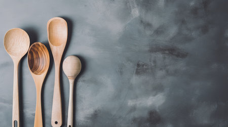 Wooden kitchen utensils on grey background with copy space.の素材