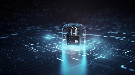 Cyber security concept with padlock on circuit background 3D renderingの素材
