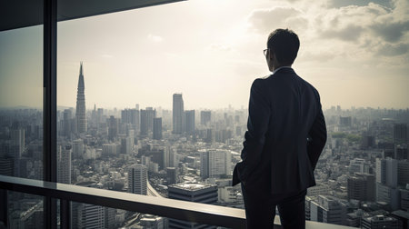 Businessman looking out the window of a skyscraper with a city viewの素材