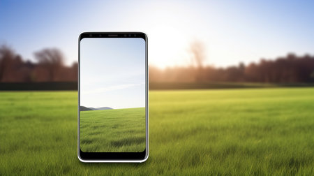 Smartphone with blank screen against green field under blue sky with cloudsの素材