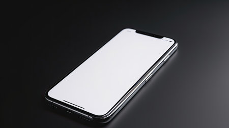 Smartphone with blank white screen on black background. Close up.の素材