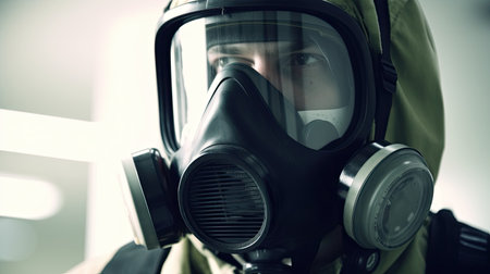 Portrait of a man in a gas mask on a white backgroundの素材